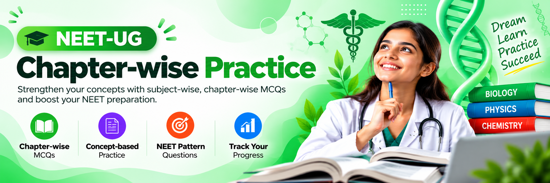 NEET-UG chapter-wise practice banner featuring Biology, Physics, and Chemistry MCQ preparation